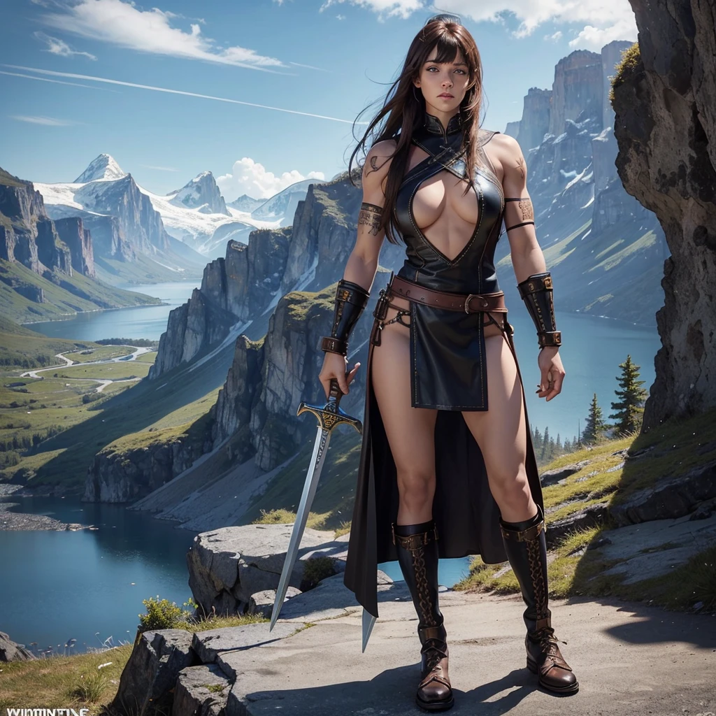 Black Viking left arm tattoo design, a full body muscular viking man and beautiful woman 
without clothes, muscular legs, holding big sword with right hand, brown hair divided with bangs, perfect realistic blue eyes, wearing warrior leather shoes, wearing warrior boots, lake and mountains in the background.
