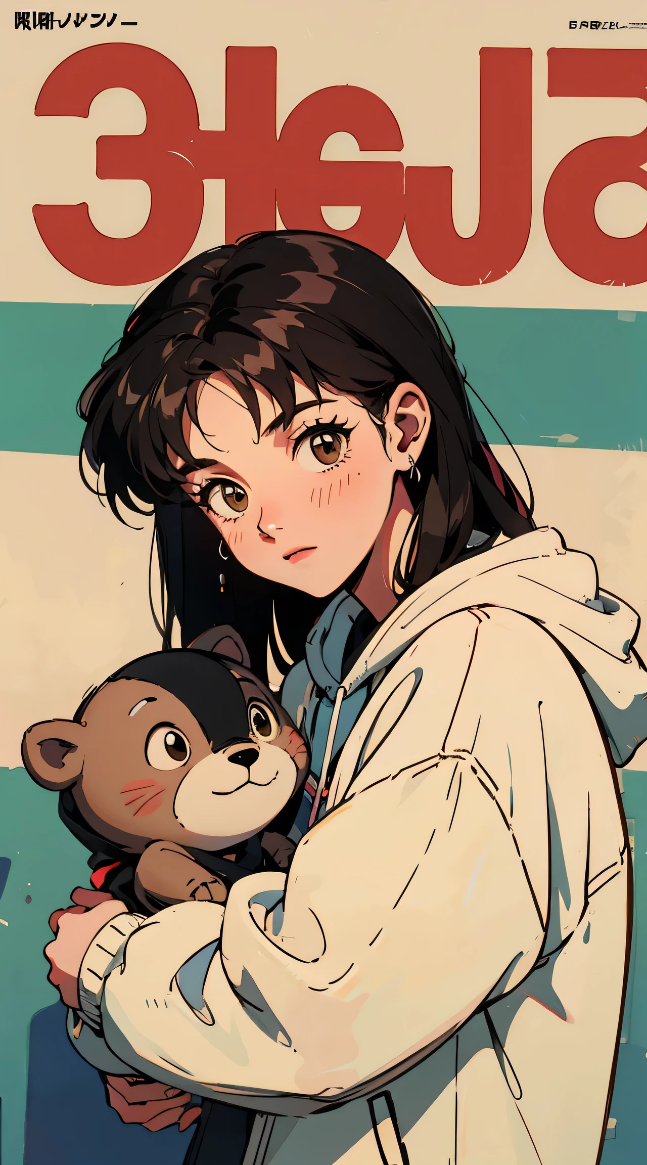 Best image quality, 1980s style animation, 21 year old girl, black hair, long hair, light brown eyes,  With a baggy sweatshirt, magazine cover, whole body , city , posing, With a cute otter doll