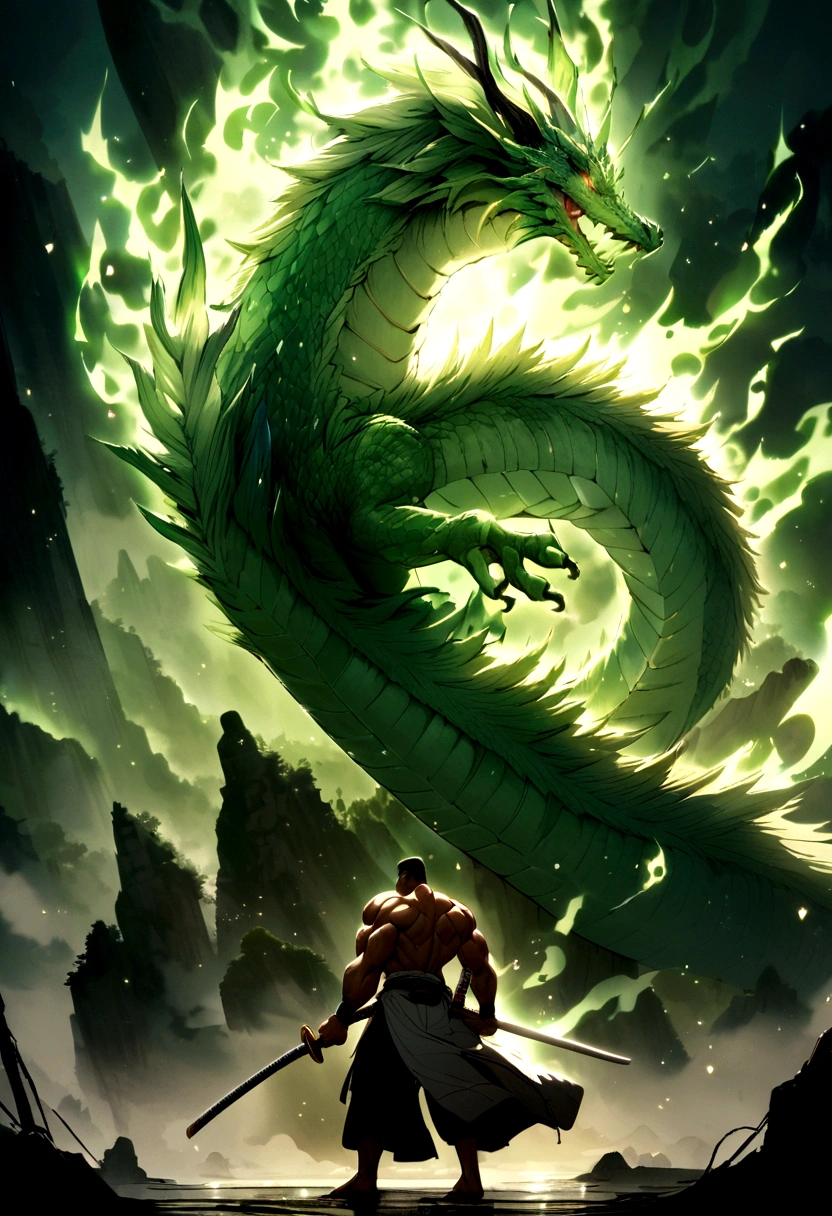 very muscular man cuts a green and blue fire dragon in two with a Japanese katana