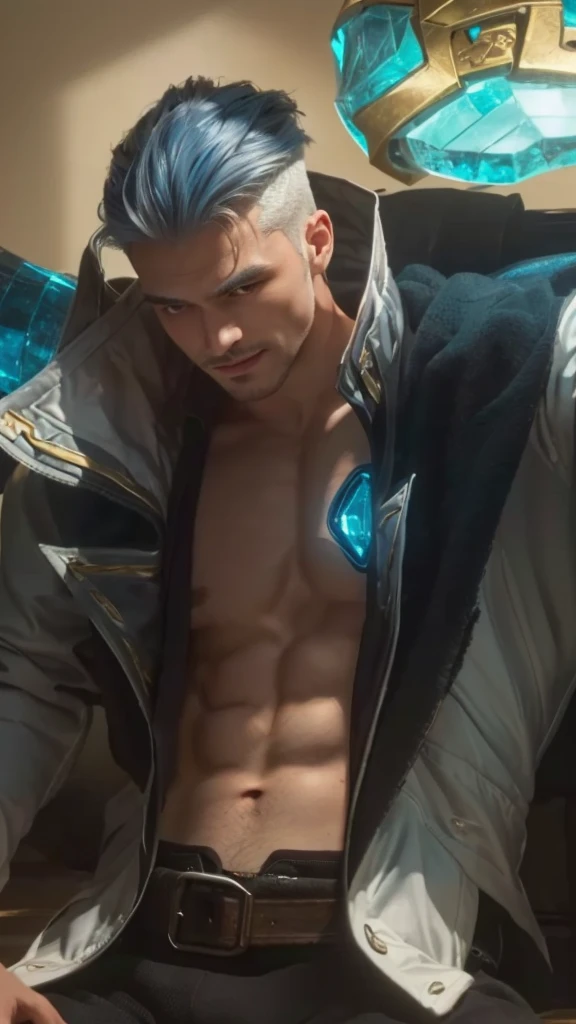 a man with silver hair and a white jacket, tane skin, sigma male, extremely detailed face and eyes, detailed nose, smile, highly detailed  features, striking masculine features, strong jawline, intense gaze, serious expression, wearing a black suit, standing in a dark, moody room, dramatic studio lighting, cinematic composition, realistic, photorealistic, 8k, extremely detailed and sharp, muted color palette, chiaroscuro lighting