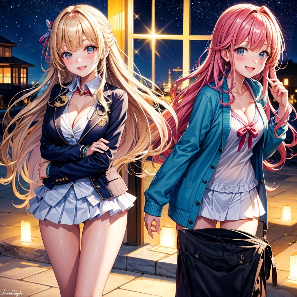 best quality,8K,smile,blazer,swimsuit,bikini,middle School girlultiple girls are depicted,Harem,idol group,starry sky background,photo shoot,long hair,wearing a cardigan,beautiful girlの国,girl's paradise,highest quality,big breasts,leather jacket,happy girl,horny girl,blue eyes,perfect face,standing position,She has her bangs down,fur jacket,Beautiful eyes,smooth hair,perfect eyes,beautiful girl,angel girl,multicolored hair colors,naughty girl,beautiful