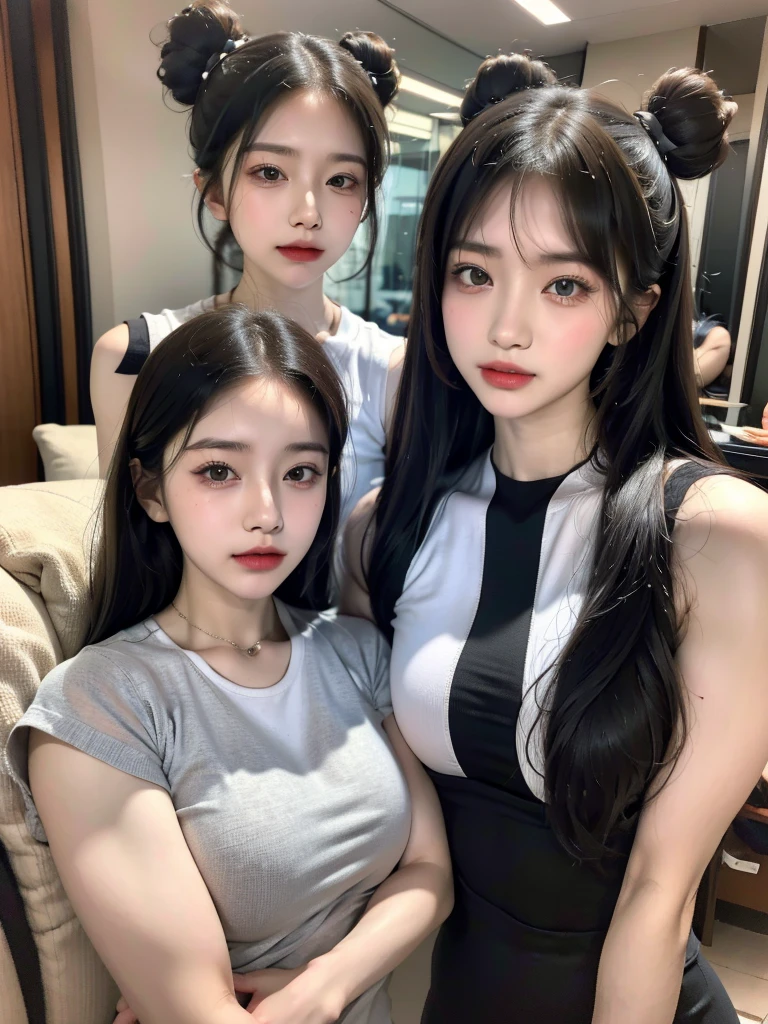 Four girls in school uniforms pose for a photo in front of a mirror，jitome，Tentacle hair，Strong muscles，Strong shoulders，Strong body，Expressionless eyes，，Bow your head，Gray hair.Gray long hair，White hair，There are no shoulder straps，Black clothes，（Flat chest 1.2），Angry expression，,Look at the audience，avatar，portrait，Smirk,cruel korean goth girl, korean girl, Gray long hair飘逸，The feeling of the wind blowing，avatar，portrait，，Bangs covering eyes，Flowing hair，Show your arms