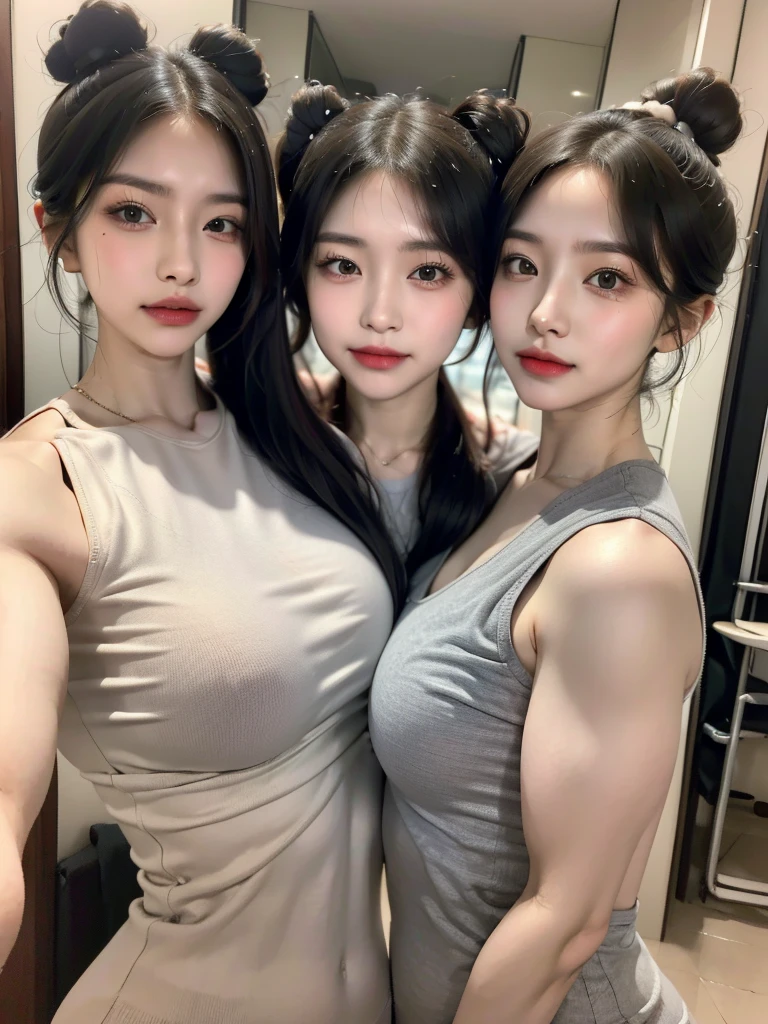 Four girls in school uniforms pose for a photo in front of a mirror，jitome，Tentacle hair，Strong muscles，Strong shoulders，Strong body，Expressionless eyes，，Bow your head，Gray hair.Gray long hair，White hair，There are no shoulder straps，Black clothes，（Flat chest 1.2），Angry expression，,Look at the audience，avatar，portrait，Smirk,cruel korean goth girl, korean girl, Gray long hair飘逸，The feeling of the wind blowing，avatar，portrait，，Bangs covering eyes，Flowing hair，Show your arms