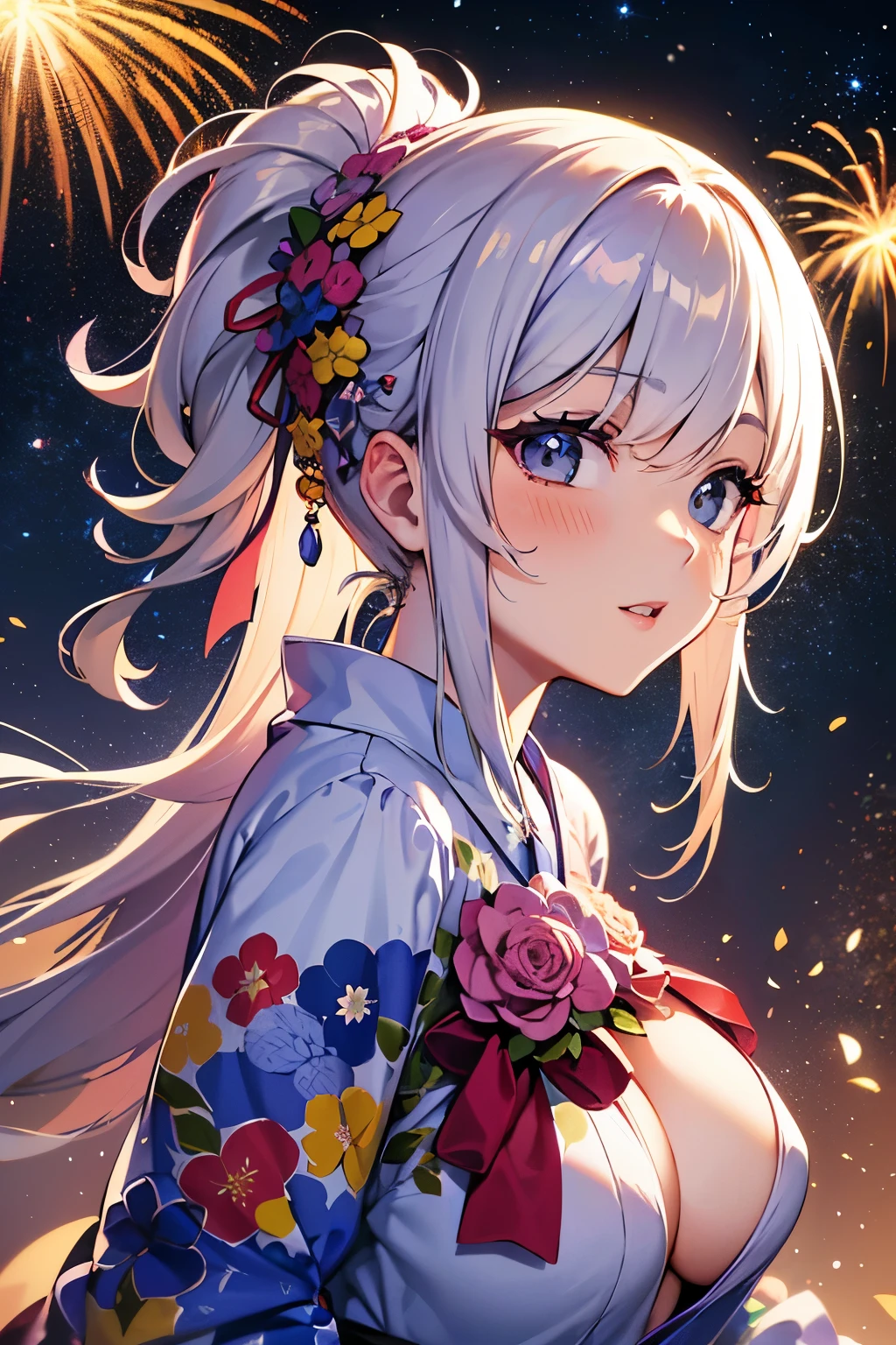 (Beautiful mature adult woman),(Flower Hair Ornaments,Floral braided top knot,Twisted Side Part Ponytail,Floral knit headband,Half Up、Floral braided space buns,Voluminous fishtail braid,Twisted pan,),(The bangs are see-through),Very delicate and beautiful hair,(((Accentuate your ???????:1.3))),(Dynamic Angle),(Dynamic and ???? pose),Laughter、Looking back wearing a floral yukata isolated on white background、night、Fireworks burst into flames with the riverbank as a backdrop、Cute round face,,(Tabletop,Highest quality,Ultra-high resolution output images,) ,(8K quality,),(SeaArt 2 Mode.1),(Picture Mode Ultra HD,)