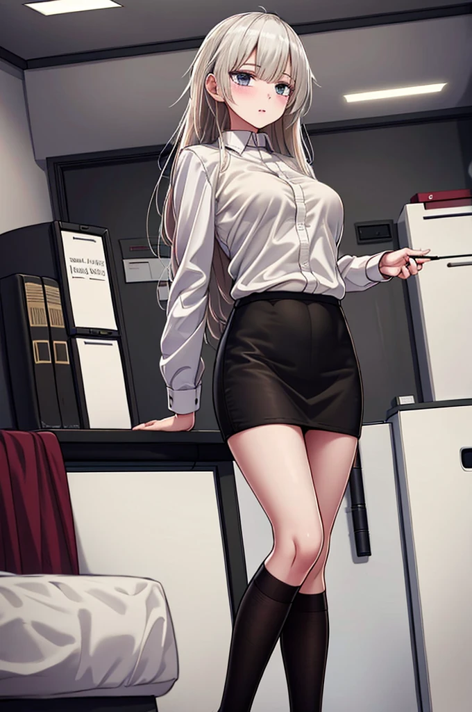 (最high quality, High resolution, masterpiece:1.2), Realistic, Detailed Female Portrait, suit skirt, lace thong, Beautiful and slim legs, length, Flowing white hair, bright pink eyes, masterpiece smile, high quality, office,