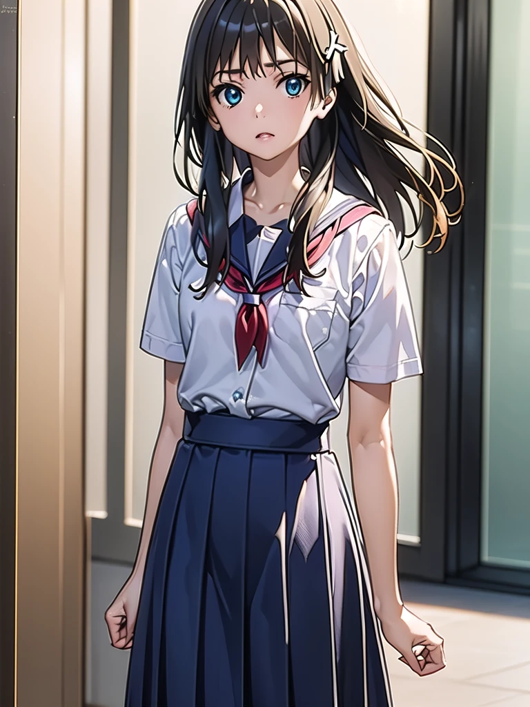 Okay, Saten Ruiko, Black Hair, blue eyes, Long Hair, hair ornaments, Floral decoration,
break blue skirt, pleated skirt, School uniforms are not distributed., , Seraphim, skirt, Summer clothes,
break outdoor, city, null, sun, cloud,
break looking at viewer, (Cowboy Shot:1.5),
break (masterpiece:1.2), Highest quality, High resolution, unity 8k wallpaper, (figure:0.8), (Beautiful attention to detail:1.6), Highly detailed face, Perfect lighting, Highly detailed CG, (Perfect hands, Perfect Anatomy),