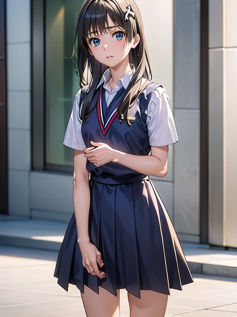 Okay, Saten Ruiko, Black Hair, blue eyes, Long Hair, hair ornaments, Floral decoration,
break blue skirt, pleated skirt, School uniforms are not distributed., , Seraphim, skirt, Summer clothes,
break outdoor, city, null, sun, cloud,
break looking at viewer, (Cowboy Shot:1.5),
break (masterpiece:1.2), Highest quality, High resolution, unity 8k wallpaper, (figure:0.8), (Beautiful attention to detail:1.6), Highly detailed face, Perfect lighting, Highly detailed CG, (Perfect hands, Perfect Anatomy),