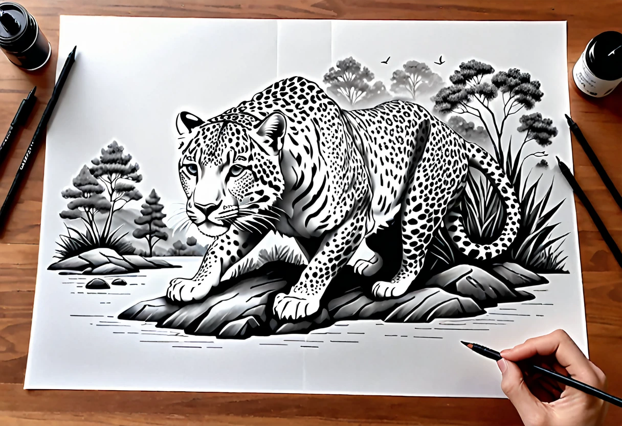 Sur une feuille de papier posé sur une table,  format paysage, Dessiner une figurine 4D de style encre uhd époustouflante et à couper le souffle d’Un maginifique guépard majestueux, regard intense, décors de savane, effet holographique qui semble sortir de la feuille de dessin, (le guépard saute hors de la feuille),dessin extrêmement détaillé, hyperréaliste, Des détails sublimes. Un travail vraiment remarquable, travail joyeux et sensuel, (proportions parfaites, masterpiece, hyperRéaliste, masterpiece, superior quality, high resolution, Extremely detailed, highly detailed 8K wallpaper, détails fractales)