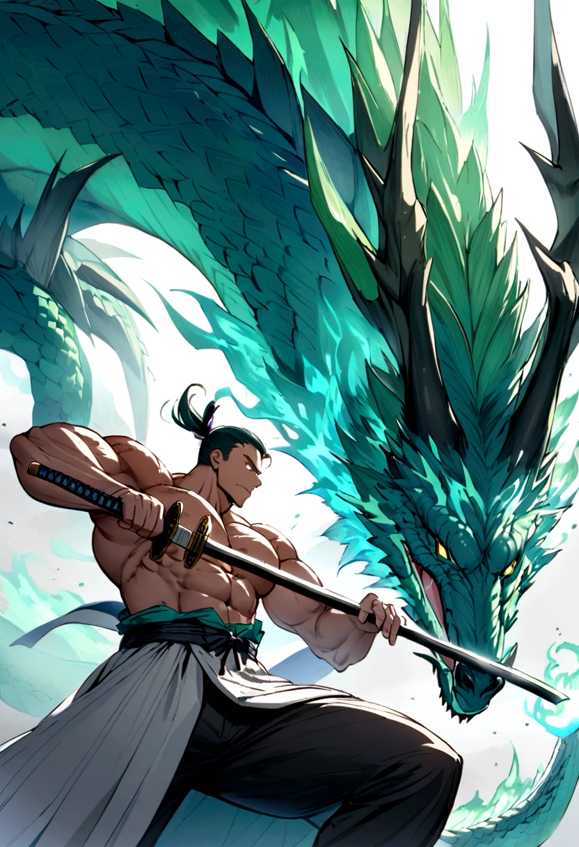 very muscular man cuts a green fire dragon in two with a Japanese katana