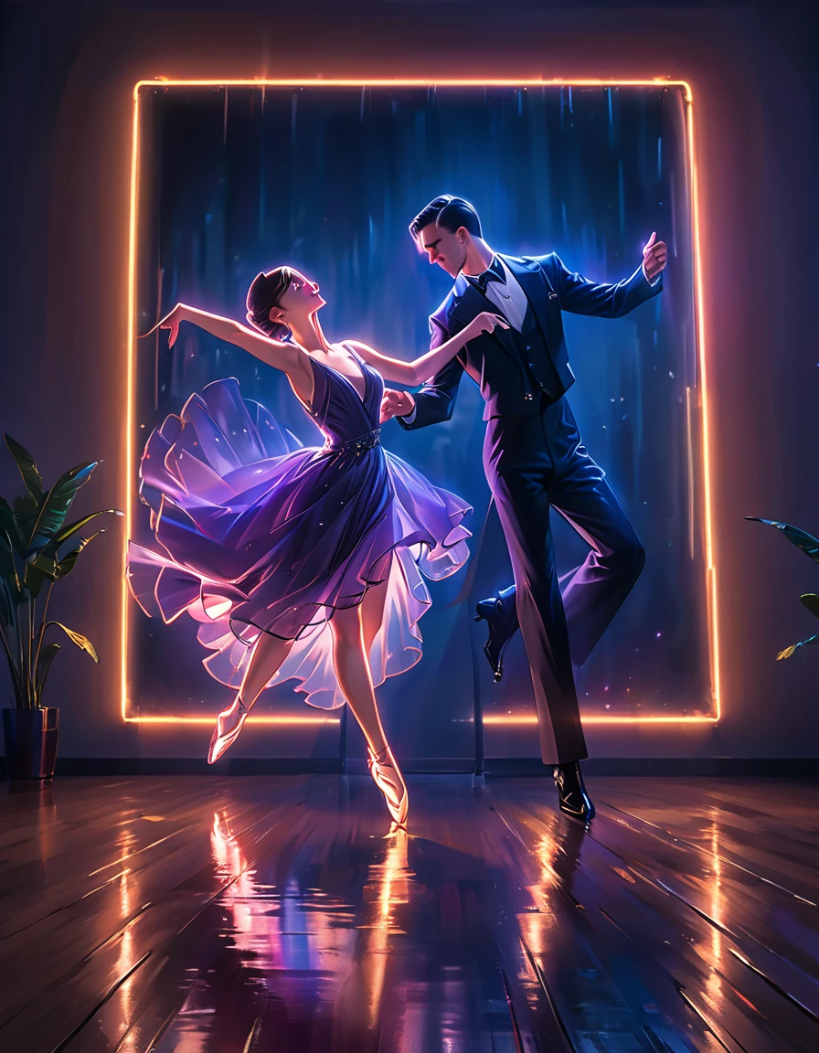 (best quality,8k,masterpiece:1.2),ultra-detailed,(realistic,photorealistic,photo-realistic:1.37),digital art, concept art, cinematic lighting, a man and woman dancing tango, art deco ballroom, 1920s, man facing forward, woman facing away from viewer, dancing the tango, woman is wearing a purple long dress with slit, small stars are shining in the dark blue sky, dimly lit room, and shadows are cast on the eye sockets, making it impossible to read their expressions, detailed facial features, beautiful dress, formal attire, natural lighting, warm color palette,