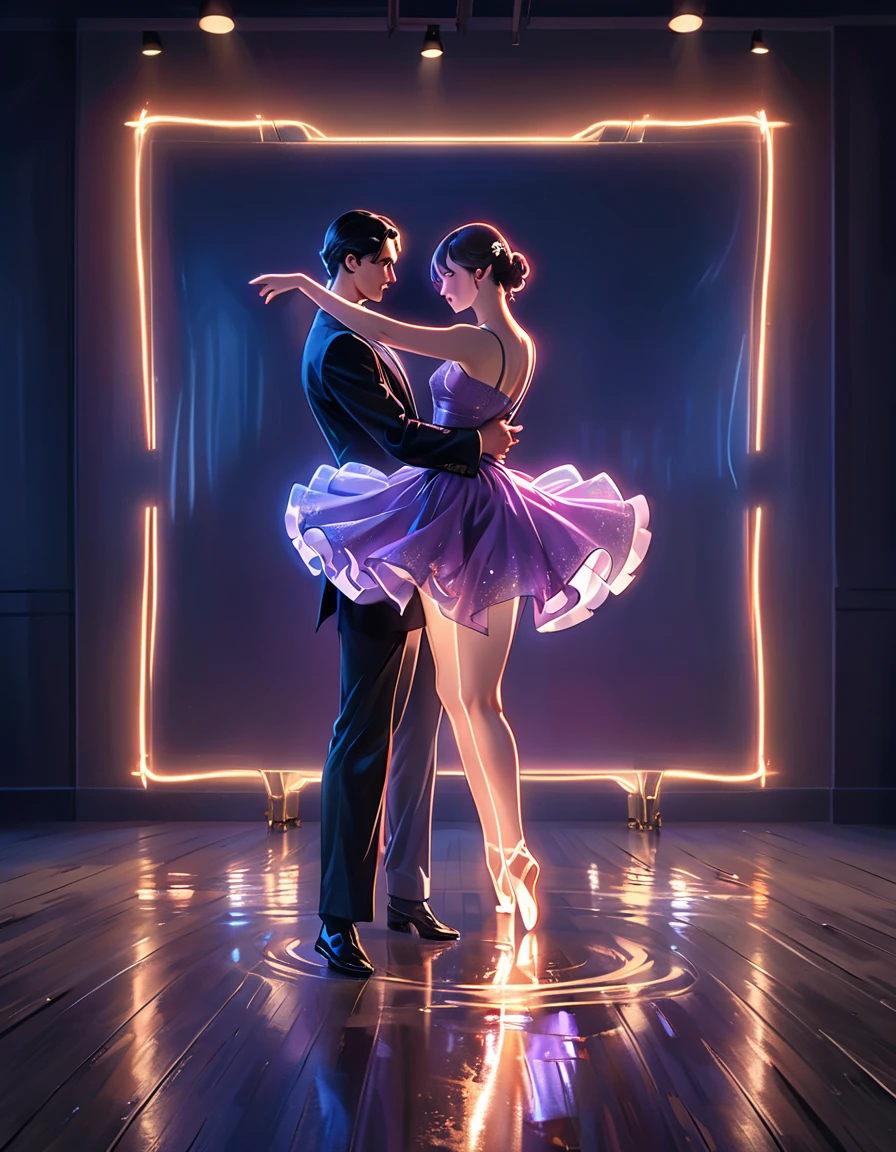 (best quality,8k,masterpiece:1.2),ultra-detailed,(realistic,photorealistic,photo-realistic:1.37),digital art, concept art, cinematic lighting, a man and woman dancing tango, art deco ballroom, 1920s, man facing forward, woman facing away from viewer, dancing the tango, woman is wearing a purple long dress with slit, small stars are shining in the dark blue sky, dimly lit room, and shadows are cast on the eye sockets, making it impossible to read their expressions, detailed facial features, beautiful dress, formal attire, natural lighting, warm color palette,