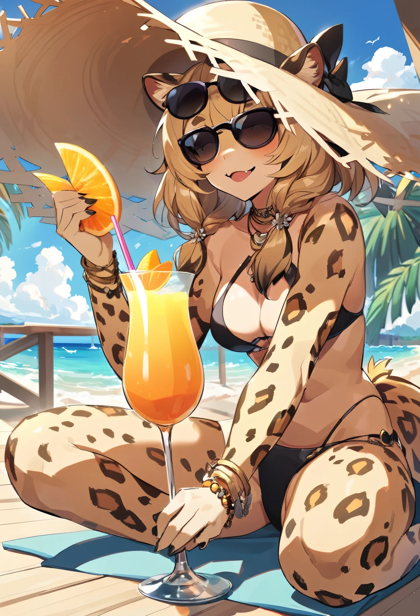 Anthro cheetah, sunglasses, straw hat, tropical juice, seaside deck, parasol, palm trees, sandy beach,