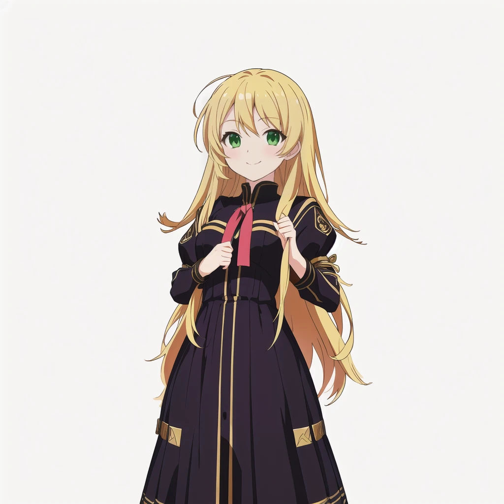 Highest quality, high resolution, High quality anime art style, Official Art, Smooth anime CG art, Stylized anime, Cute 3D anime girl render, Visual Novel Sprites, White background, whole body, Anime-style 3D, Smooth anime CG art, Humanoid Girl, JRPG Characters, Anime girl with long hair and black dress with ribbon, smile, Green Eyes, Golden Hair, Long Hair, Lori, Small Bust, Small breasts,