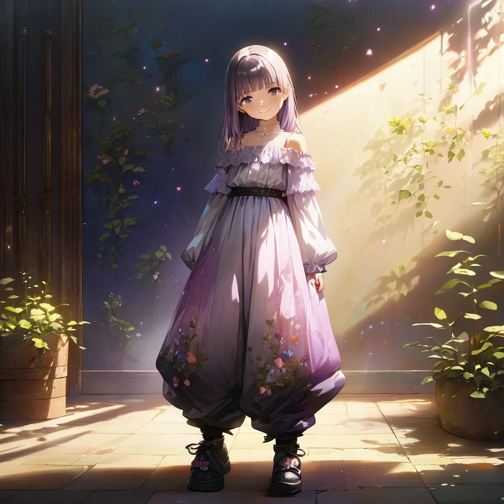 (Cute a girl:1.5), ( baggy pants and reveal shoulders:1.1),(masterpiece:1.3), anime visual, (Lovey-dovey:1.5), (tilt head:1.3), extremely delicate face, realistic lighting and shading, (an extremely delicate and beautiful art:1.3),,smiling,pale purple wavy and blunt bangs hair,green and black eyes,smiling,from front,fullbody shot,full body shot,