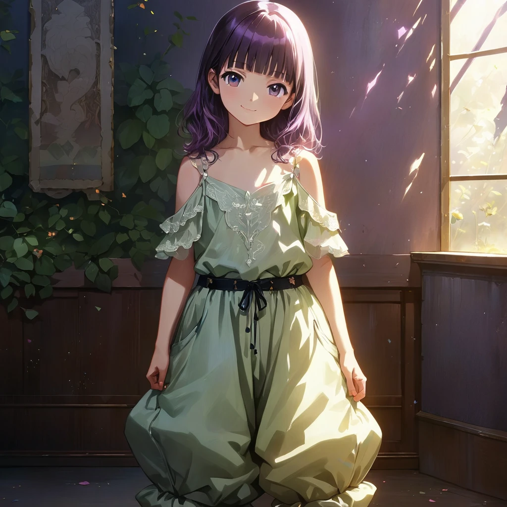 (Cute a girl:1.5), ( baggy pants and reveal shoulders:1.1),(masterpiece:1.3), anime visual, (Lovey-dovey:1.5), (tilt head:1.3), extremely delicate face, realistic lighting and shading, (an extremely delicate and beautiful art:1.3),,smiling,pale purple wavy and blunt bangs hair,green and black eyes,smiling,from front,fullbody shot,full body shot,