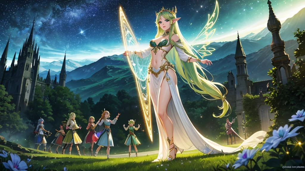 4K,A beautiful elven woman is depicted in the center, and fairies dance in a fantastical landscape. The elven woman has long golden hair and sparkling emerald green eyes. She smiles softly and plays the harp gracefully. In the background is a starry sky with many shooting stars. The fairies spread their sparkling wings and fly around the elf. This scene, which has a lovely and fantastical atmosphere, is a perfect match for Celtic music, which alternates between up-tempo and slow parts.