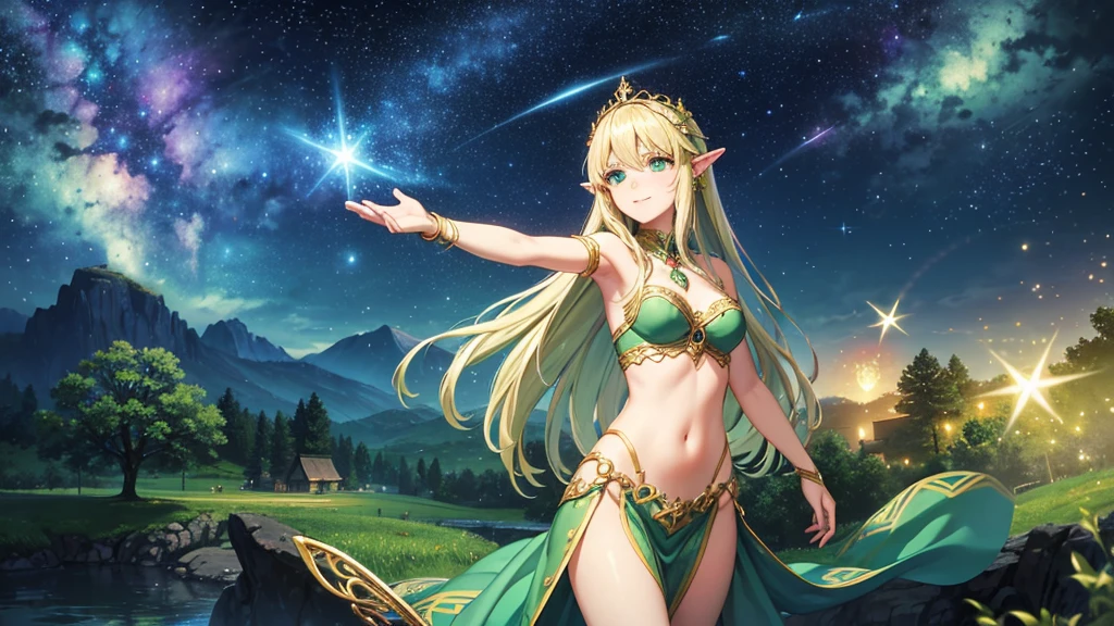 4K,A beautiful elven woman is depicted in the center, and fairies dance in a fantastical landscape. The elven woman has long golden hair and sparkling emerald green eyes. She smiles softly and plays the harp gracefully. In the background is a starry sky with many shooting stars. The fairies spread their sparkling wings and fly around the elf. This scene, which has a lovely and fantastical atmosphere, is a perfect match for Celtic music, which alternates between up-tempo and slow parts.
