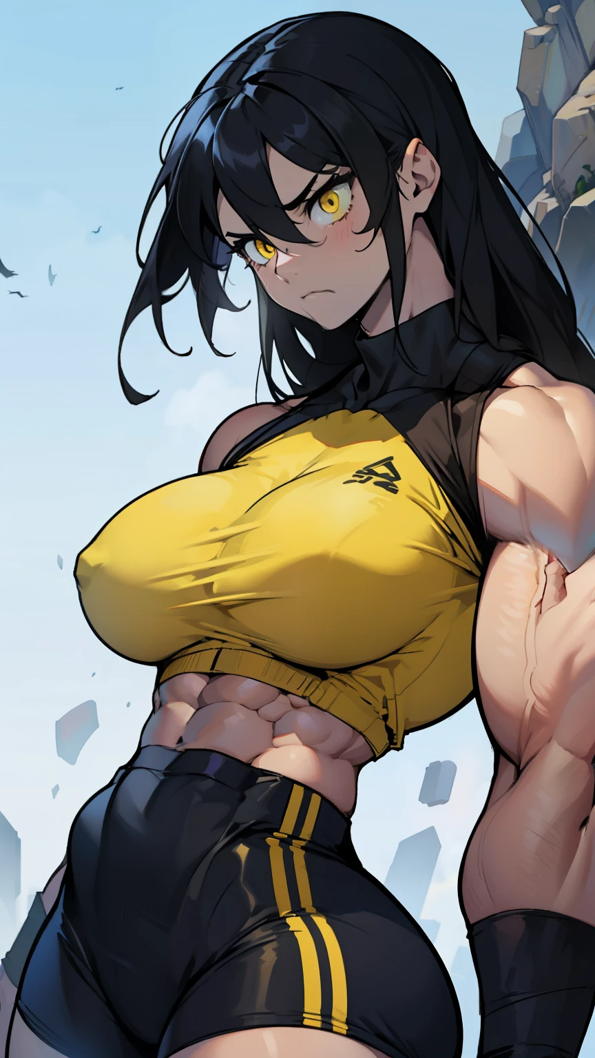 frown sad (((muscular girl toned body massive breasts))) yellow eyes hair between eyes pale skin black hair
