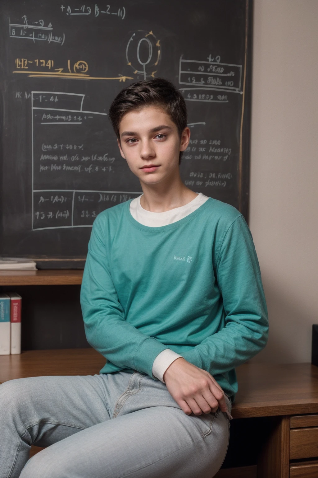 A young male twink, cute, beautiful, feminine, with a beautiful face with makeup, black hair, and his eyes have dark circles under them. He is wearing a long-sleeved aquamarine shirt and white jeans. He is in his office, sitting on a luxurious study desk with calculus books on it, and a blackboard behind him. Calculus is written on it, and radiant neon energy emerges from the blackboard as he looks on proudly