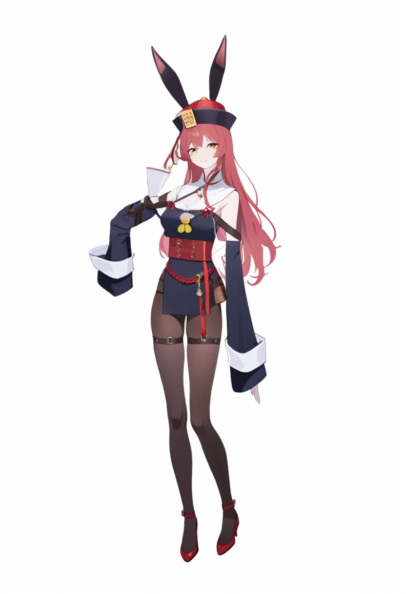 red long hair, girl, Brown stockings, Jiangshi hat with yellow amulet, rabbit ears, wide sleeves, red waist strap, fashion ,