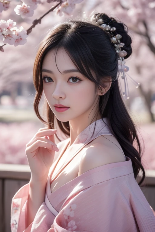 8K.A black-haired woman quietly looking up at the cherry blossom tree,Super Beauty(Like the real thing),A woman wearing a kimono with a cherry blossom pattern,She has her hair tied up、She is wearing a cherry blossom hairpin..,Beautiful expression,Messy, I am proud, Absurd, celebration, Cowboy Shot, Portraiture, (Highest quality), (Tabletop), (Very detailed), masterpiece,Highest qualityのフォトリアリスティックなRAW写真。Backlight, Cinema Lighting, Film Grain, to be born, 50mm lens, Nikon D850,Ultra-Realistic Skin,Fantasy art,Character Art,Ultra-high resolution,Muscular and lean build,Perfect hands,Compensate,Bust shot close-up,Pink Rouge,Many cherry blossom petals fluttering down,Great painting,My gaze is of cherry blossoms,Unreal,ghost、