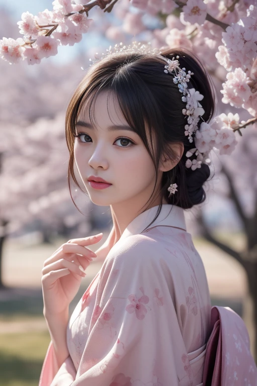 8K.A black-haired woman quietly looking up at the cherry blossom tree,Super Beauty(Like the real thing),A woman wearing a kimono with a cherry blossom pattern,She has her hair tied up、She is wearing a cherry blossom hairpin..,Beautiful expression,Messy, I am proud, Absurd, celebration, Cowboy Shot, Portraiture, (Highest quality), (Tabletop), (Very detailed), masterpiece,Highest qualityのフォトリアリスティックなRAW写真。Backlight, Cinema Lighting, Film Grain, to be born, 50mm lens, Nikon D850,Ultra-Realistic Skin,Fantasy art,Character Art,Ultra-high resolution,Muscular and lean build,Perfect hands,Compensate,Bust shot close-up,Pink Rouge,Many cherry blossom petals fluttering down,Great painting,My gaze is of cherry blossoms,Unreal,ghost、