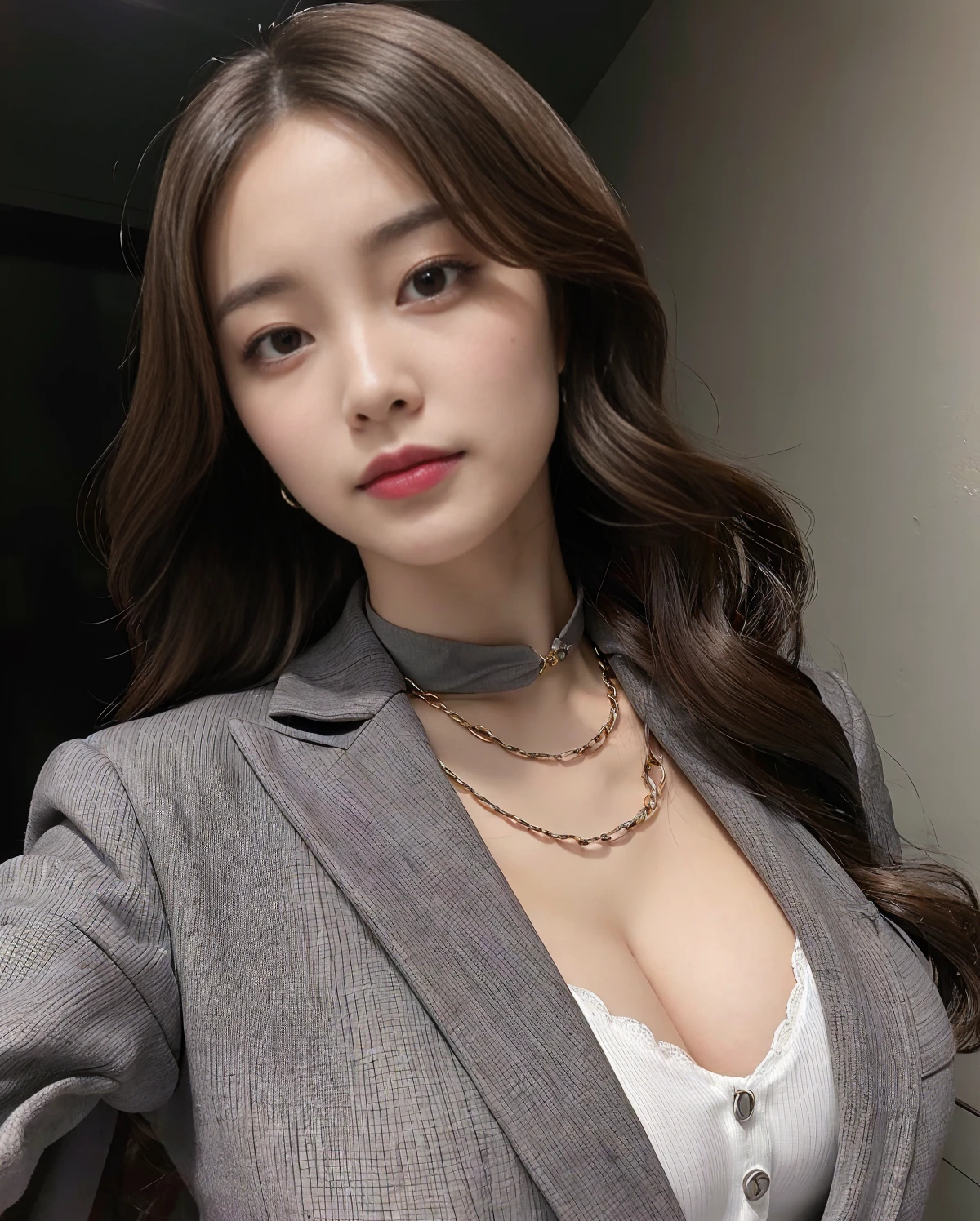 (((masterpiece))), Ultra-high resolution, (8K), (((Looks super realistic))), Highest quality, Ultra fine, ((Anatomically correct)), Cinematic lighting, (Super beautiful sexy 29 year old woman), ((Only one person)), Oval Face, Beautiful Face, smirk, Natural Makeup, Detailed big eyes, double eyelid, Detailed eyebrows, Thick lips, ((long wavy hair)), ((dark brown hair color)), Detailed skin texture, Glowing Skin, Alluring large breasts:1.3, Perfect and beautiful body, Seductive big ass, Detailed and perfectly fitted outfit, (((A collar attached to a long chain, Sexy grey business suit))),