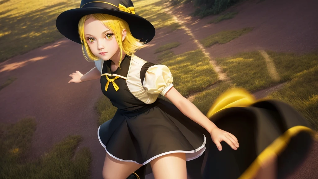 1girl, , , masterpiece, best quality, 10 years old, medium blonde hair, forehead visible bags, yellow eyes, hat, heart, black headwear, puffy short sleeves, log black skirt, heart hads,,1girl, solo, yellow eyes, yellow hair, bow, hat bow, socks, black footwear, black skirt, short sleeves, yuki (touhou), black vest, white sleeves, frill skirt, light smile