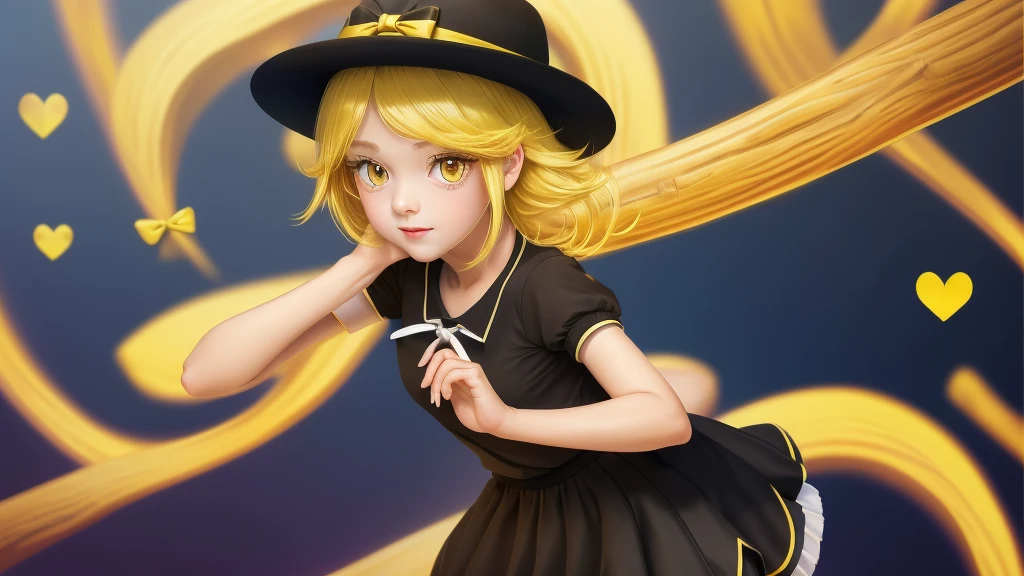 1girl, , , masterpiece, best quality, 10 years old, medium blonde hair, forehead visible bags, yellow eyes, hat, heart, black headwear, puffy short sleeves, log black skirt, heart hads,,1girl, solo, yellow eyes, yellow hair, bow, hat bow, socks, black footwear, black skirt, short sleeves, yuki (touhou), black vest, white sleeves, frill skirt, light smile