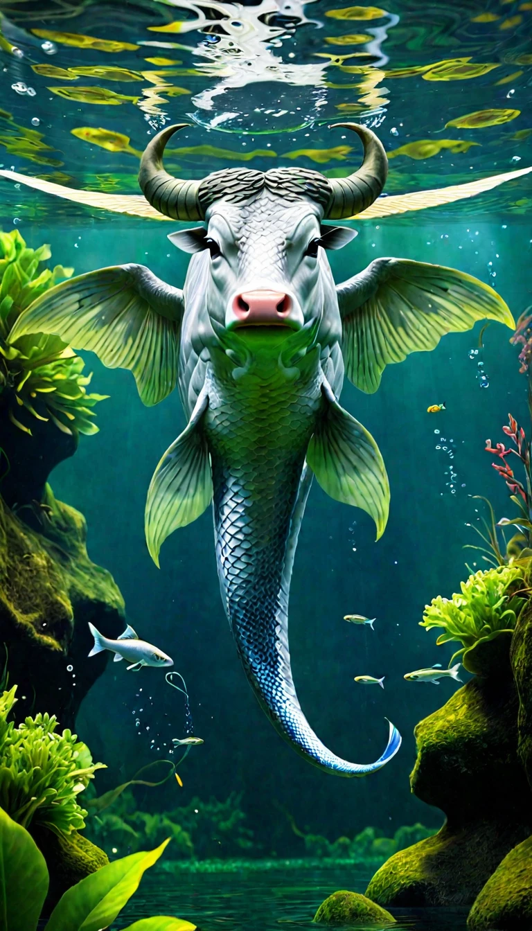 Fish with wings in water,Looks like a cow,Snake's Tail(best quality,4K,8K,High level,masterpiece:1.2),Ultra Detailed,(lifelike,Photo real,Photo real:1.37),Highly detailed animals,Complex patterns,Dramatic lighting,Fantasy creature composition,Panorama