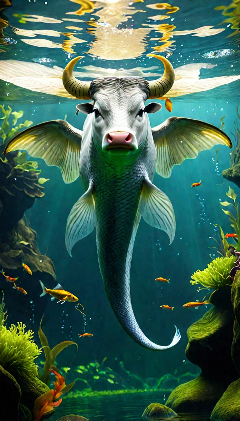 Fish with wings in water,Looks like a cow,Snake's Tail(best quality,4K,8K,High level,masterpiece:1.2),Ultra Detailed,(lifelike,Photo real,Photo real:1.37),Highly detailed animals,Complex patterns,Dramatic lighting,Fantasy creature composition,Panorama