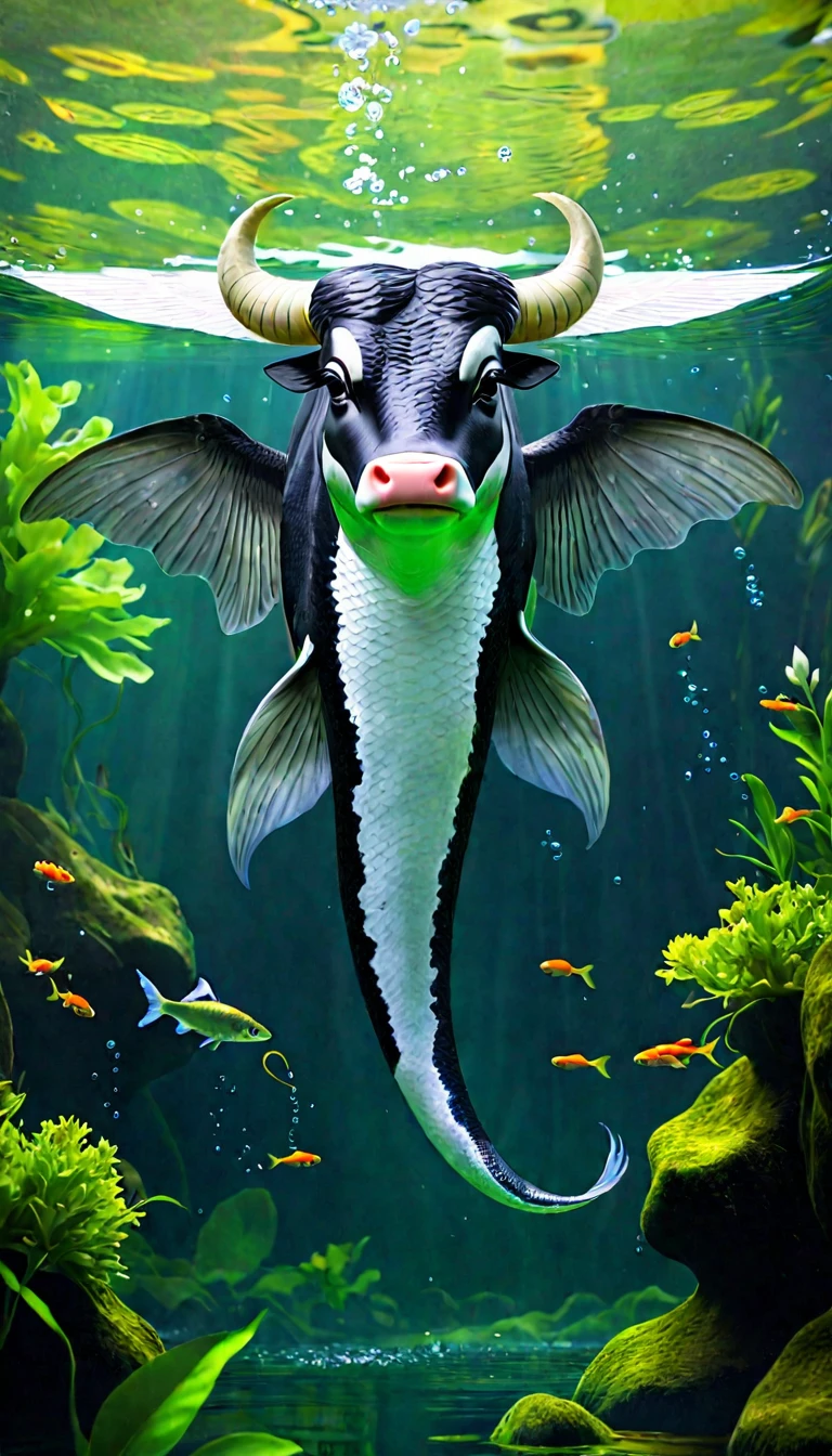 Fish with wings in water,Looks like a cow,Snake's Tail(best quality,4K,8K,High level,masterpiece:1.2),Ultra Detailed,(lifelike,Photo real,Photo real:1.37),Highly detailed animals,Complex patterns,Dramatic lighting,Fantasy creature composition,Panorama