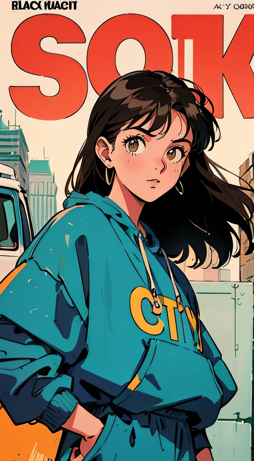 Best image quality, 1980s style animation, 21 year old girl, black hair, long hair, light brown eyes,  With a baggy sweatshirt, magazine cover, whole body , city , in the evening park, posing, With a cute otter