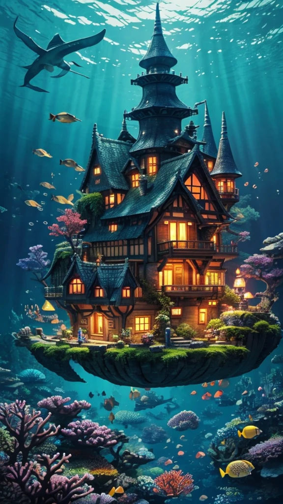 Color (Fantasy: 1.2), (Hayao Miyazaki style), (irregular building floating under the sea), patchwork cottages, Moss decorations, coral, lights, concept art inspired by Andreas Rocha, Artstation contest winner, Fantasy art, (underwater city), ross tran, light shafts, realistic lighting, masterpiece, high quality, beautiful graphics, high detail, masterpiece, high quality, beautiful graphics, high detail, --v6