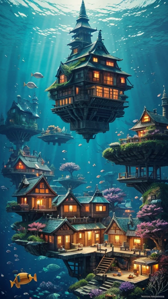 Color (Fantasy: 1.2), (Hayao Miyazaki style), (irregular building floating under the sea), patchwork cottages, Moss decorations, coral, lights, concept art inspired by Andreas Rocha, Artstation contest winner, Fantasy art, (underwater city), ross tran, light shafts, realistic lighting, masterpiece, high quality, beautiful graphics, high detail, masterpiece, high quality, beautiful graphics, high detail, --v6