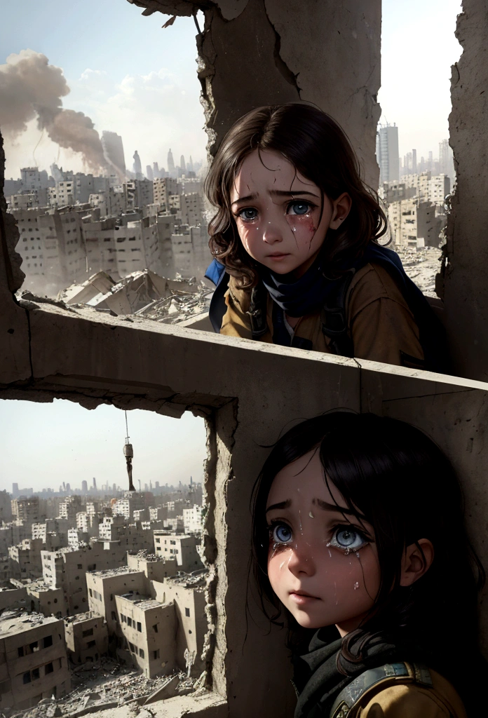 A wounded hides in a room crumbling walls,sadly, in pain, there is steel tank with israel logo, (eyes shedding tears, The face is focused on the camera), (eyes shedding tears, The face is focused on the camera), A sense of disorder, a Palestinian, Curly hair, Dusty face and fabric, (A city in the background is destroyed by fire, Human body on the ground, Some people are crying, Demolished buildings), Ultra-detailed, looking through a broken window with an expression of surprise and joy at the sight of an imagined thriving city outside. The setting is in Gaza, but the cityscape is visualized by the as beautiful and prosperous, contrasting with the child's current environment. The scene is depicted in a realistic photographic style, capturing the stark contrast between the child's hopeful gaze and the imagined beauty of the city.