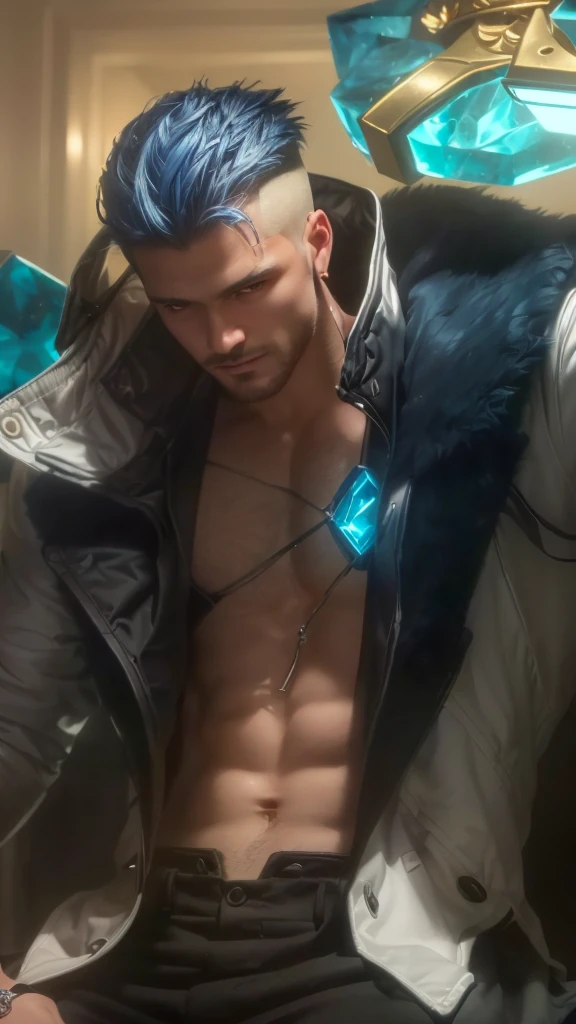 a man with silver hair and a white jacket, tane skin, sigma male, extremely detailed face and eyes, detailed nose, smile, highly detailed facial features, striking masculine features, strong jawline, intense gaze, serious expression, wearing a black suit, standing in a dark, moody room, dramatic studio lighting, cinematic composition, realistic, photorealistic, 8k, extremely detailed and sharp, muted color palette, chiaroscuro lighting