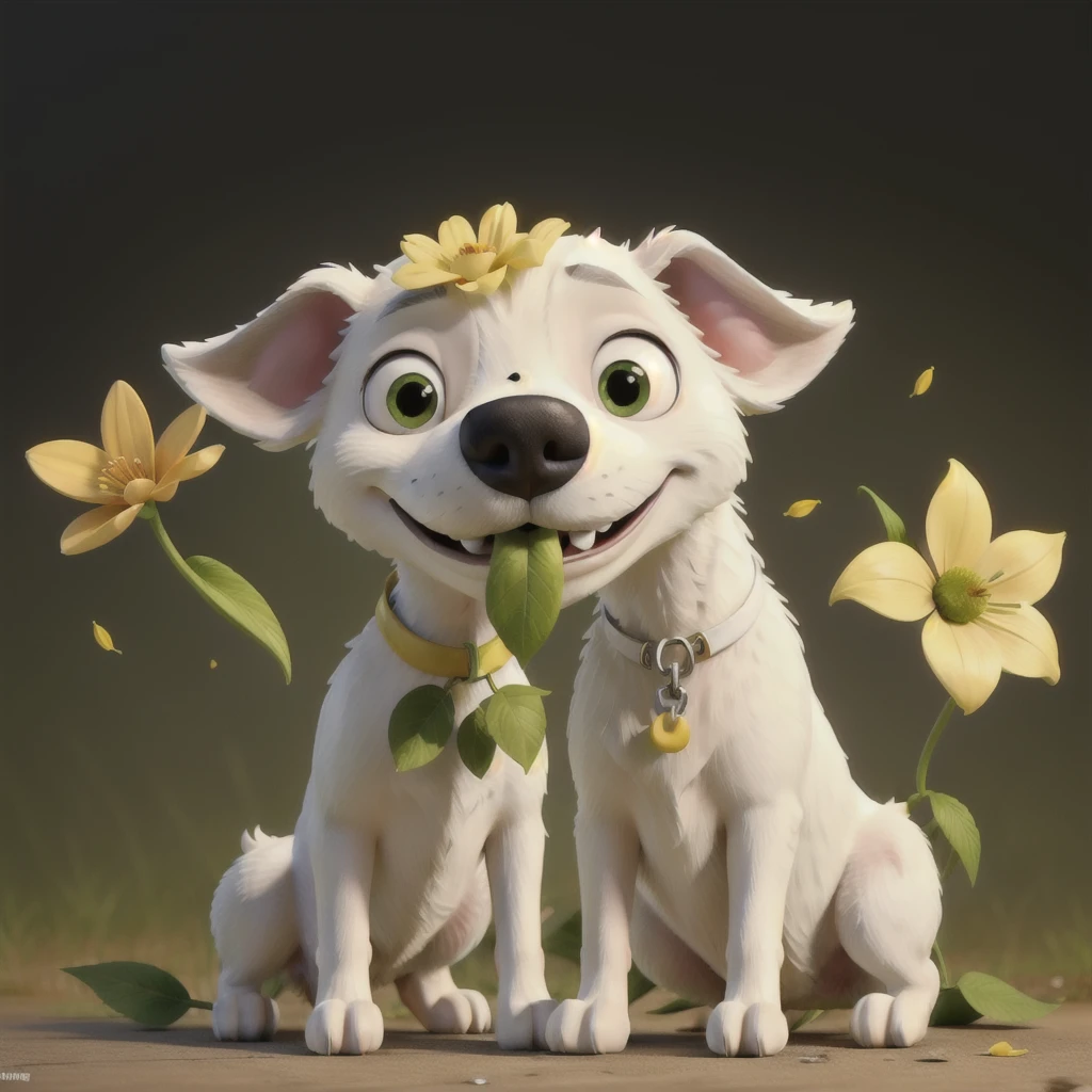 Realistic art of a skinny white dog with slightly closed eyes smiling with a little yellow flower with a single green leaf in its mouth,sitting down.white background with face close