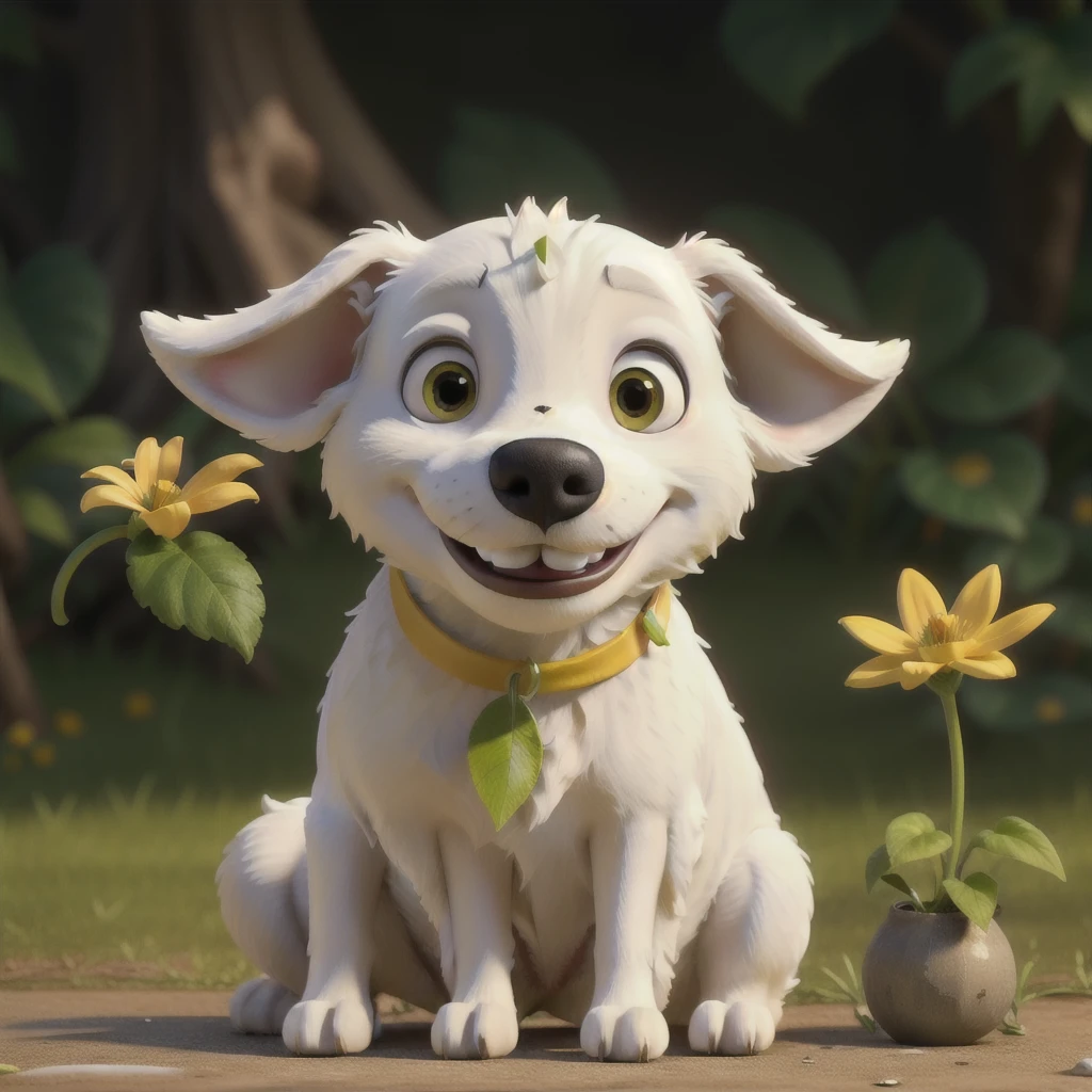 Realistic art of a skinny white dog with slightly closed eyes smiling with a little yellow flower with a single green leaf in its mouth,sitting down.white background with face close