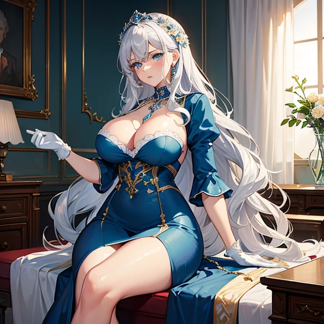 (masterpiece image, very detailed image, best high quality high definition image)
1woman, beautiful woman, , fair skin, light blue eyes, wavy golden hair, absolute beauty, aristocrat, wealthy powerful woman, calm angry face, ,  figure (headbang bith two flue flowers, silver necklace, white gloves, sleevless, long high society rich blue dress)
Resting on big rich rounded bed, legs crossed, red living room