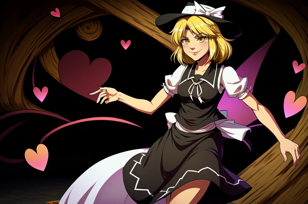 1girl, , , masterpiece, best quality, , medium blonde hair, forehead visible bags, yellow eyes, hat, heart, black headwear, puffy short sleeves, log black skirt, heart hads,,1girl, solo, yellow eyes, yellow hair, bow, hat bow, socks, black footwear, black skirt, short sleeves, yuki (touhou), black vest, white sleeves, frill skirt, light smile