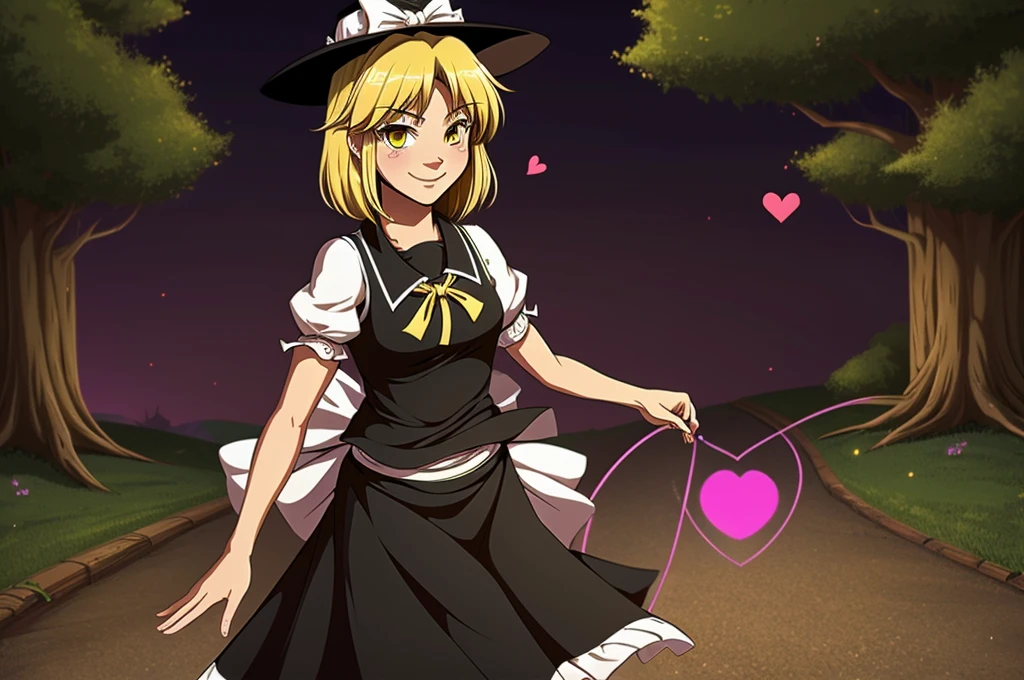 1girl, , , masterpiece, best quality, , medium blonde hair, forehead visible bags, yellow eyes, hat, heart, black headwear, puffy short sleeves, log black skirt, heart hads,,1girl, solo, yellow eyes, yellow hair, bow, hat bow, socks, black footwear, black skirt, short sleeves, yuki (touhou), black vest, white sleeves, frill skirt, light smile