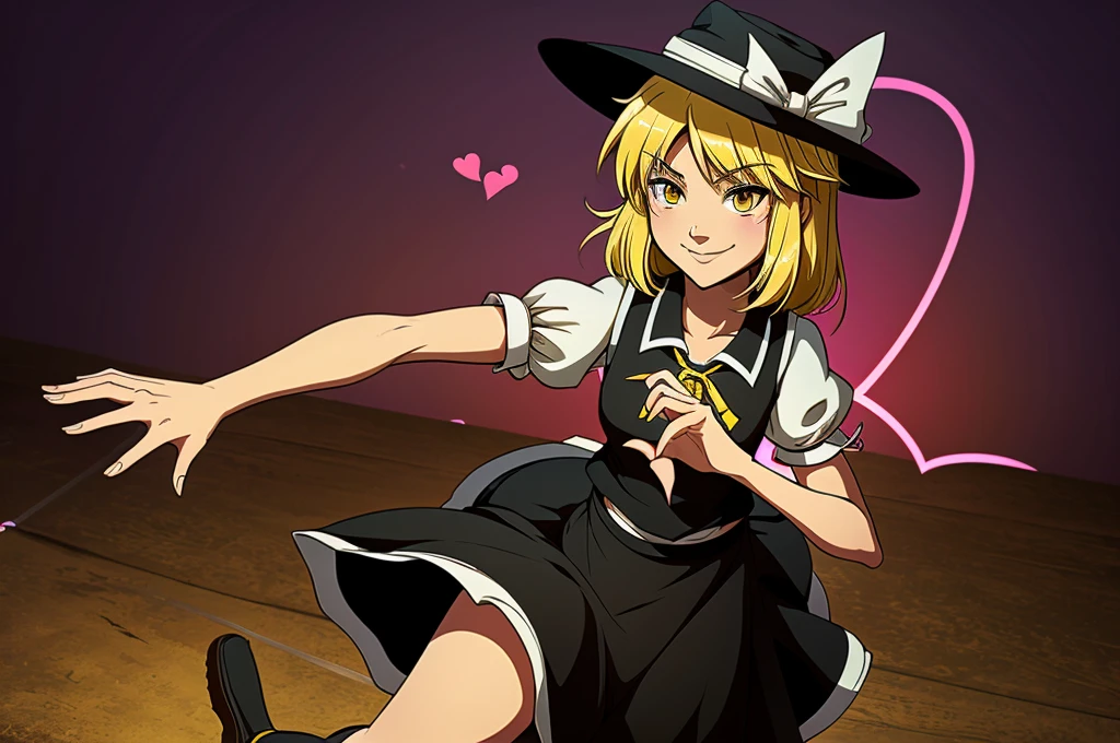 1girl, , , masterpiece, best quality, 10 years old, medium blonde hair, forehead visible bags, yellow eyes, hat, heart, black headwear, puffy short sleeves, log black skirt, heart hads,,1girl, solo, yellow eyes, yellow hair, bow, hat bow, socks, black footwear, black skirt, short sleeves, yuki (touhou), black vest, white sleeves, frill skirt, light smile