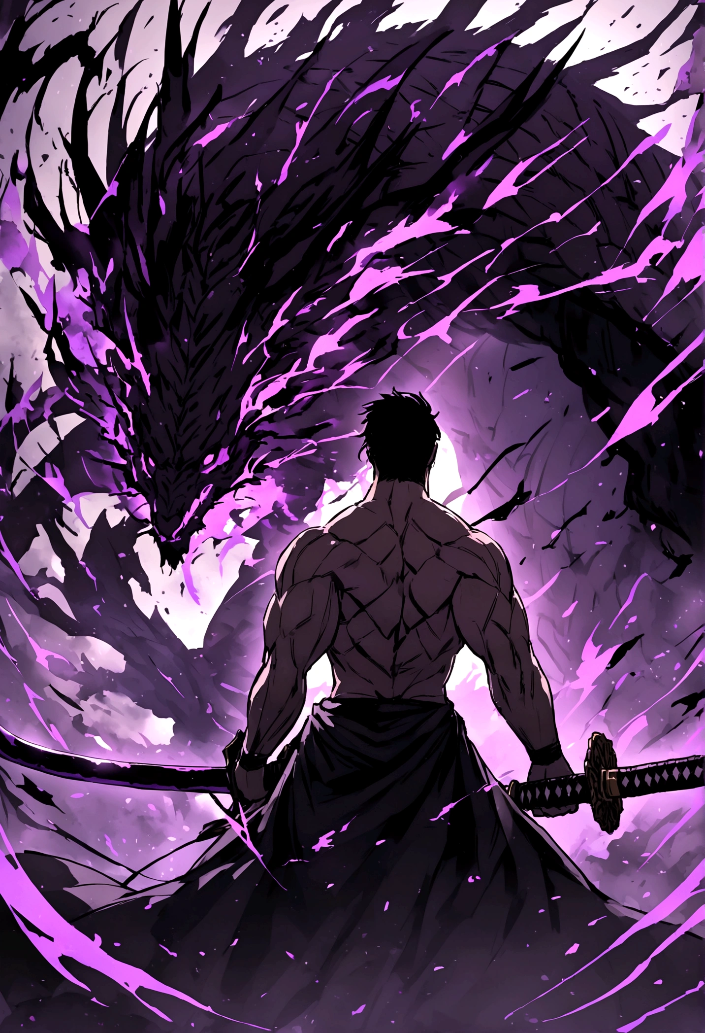 The man with the most muscles cuts a dark violet fire dragon in two with a Japanese katana.