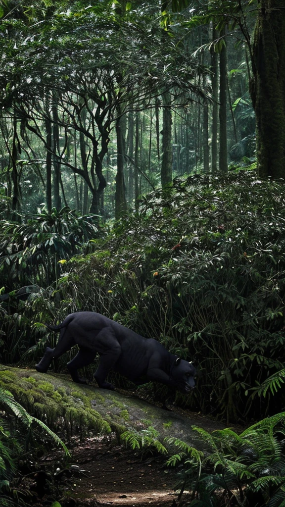 A rainforest and a black panther moving between the trees