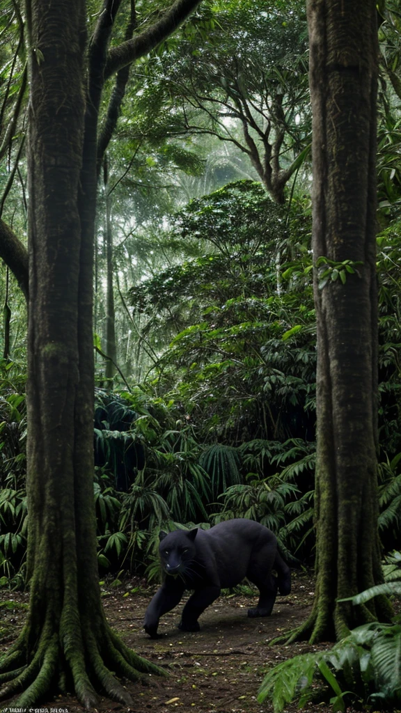 A rainforest and a black panther moving between the trees