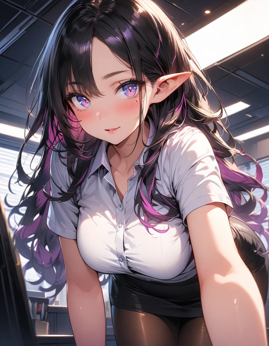 ((highest quality, best quality, masterpiece, ultra high definition, high dynamic range, ultra high resolution)), ((ultra-detailed illustrations:1.2)), 1 girl, solo, anime style, dynamic lighting, dynamic angle, looking at viewer, indoor, office, (beautiful detailed face, beautiful detailed skin, shiny skin, pointed ears, mole under the eyes, mid-chest), (beautiful detailed hair, parted bangs, long hair, black hair, dark purple hair, multi colored hair), (beautiful detailed eyes, beautiful detailed pupils, violet eyes), (white shirt, collared shirt, short sleeves, black mini skirt, pantyhose)