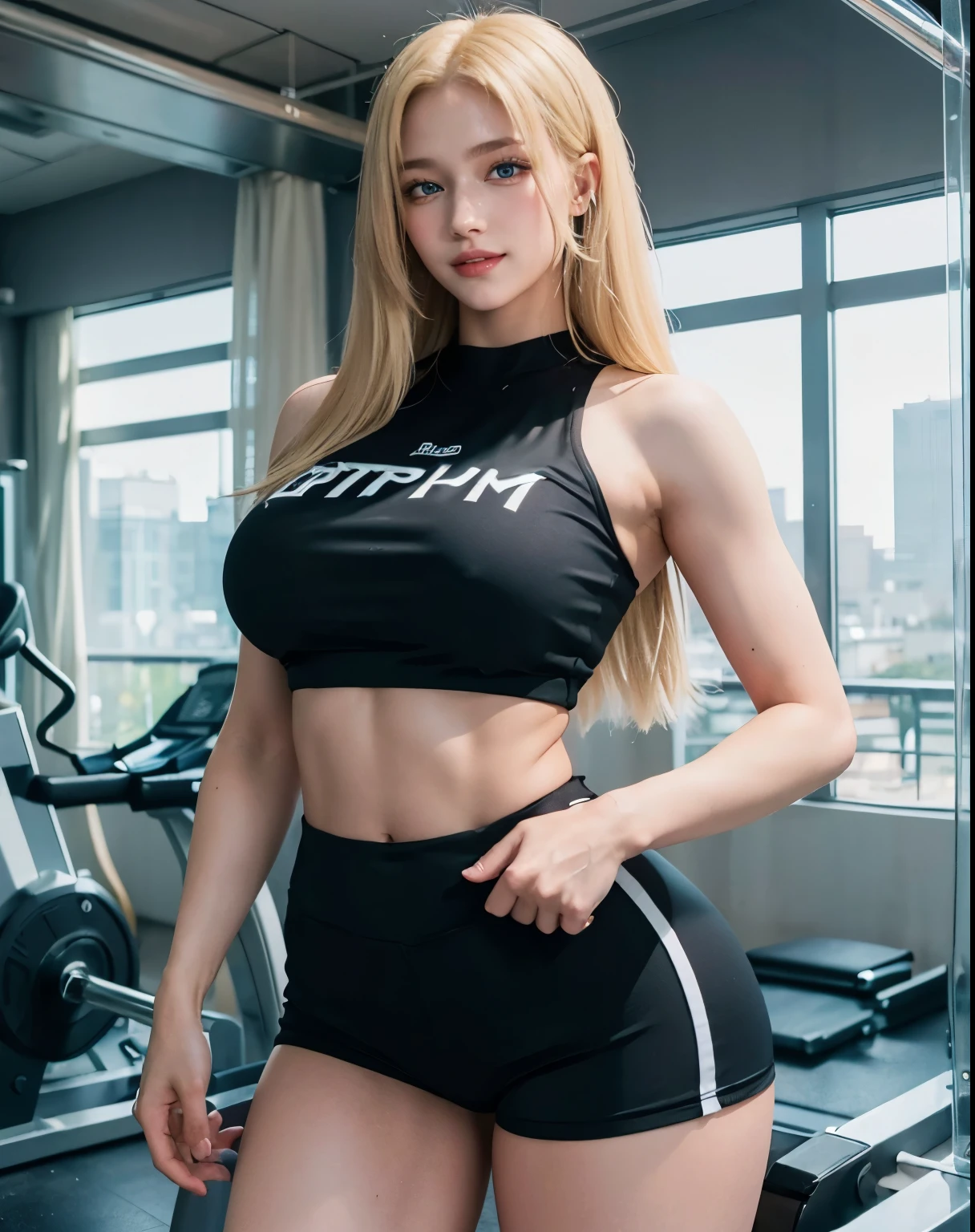 1girl, (Blue Eyes), (smiling :1.2), wide hips, (big tits :1.1), (big ass), (thin waist :1.2), (thick thighs), (toned legs :1.1), muscle, (Best Quality, 8k, Masterpiece: 1.3), Clear Focus: 1.2, Perfect Body Beauty: 1.4, (strong abs :1.2), Highly detailed face and skin texture, detailed eyes, double eyelids, (shiny skin :1.2), (long blonde straight hair :1.2), (black sports top :1.2), (white sports shorts :1.2), in a gym, exercise machines in the background, windows