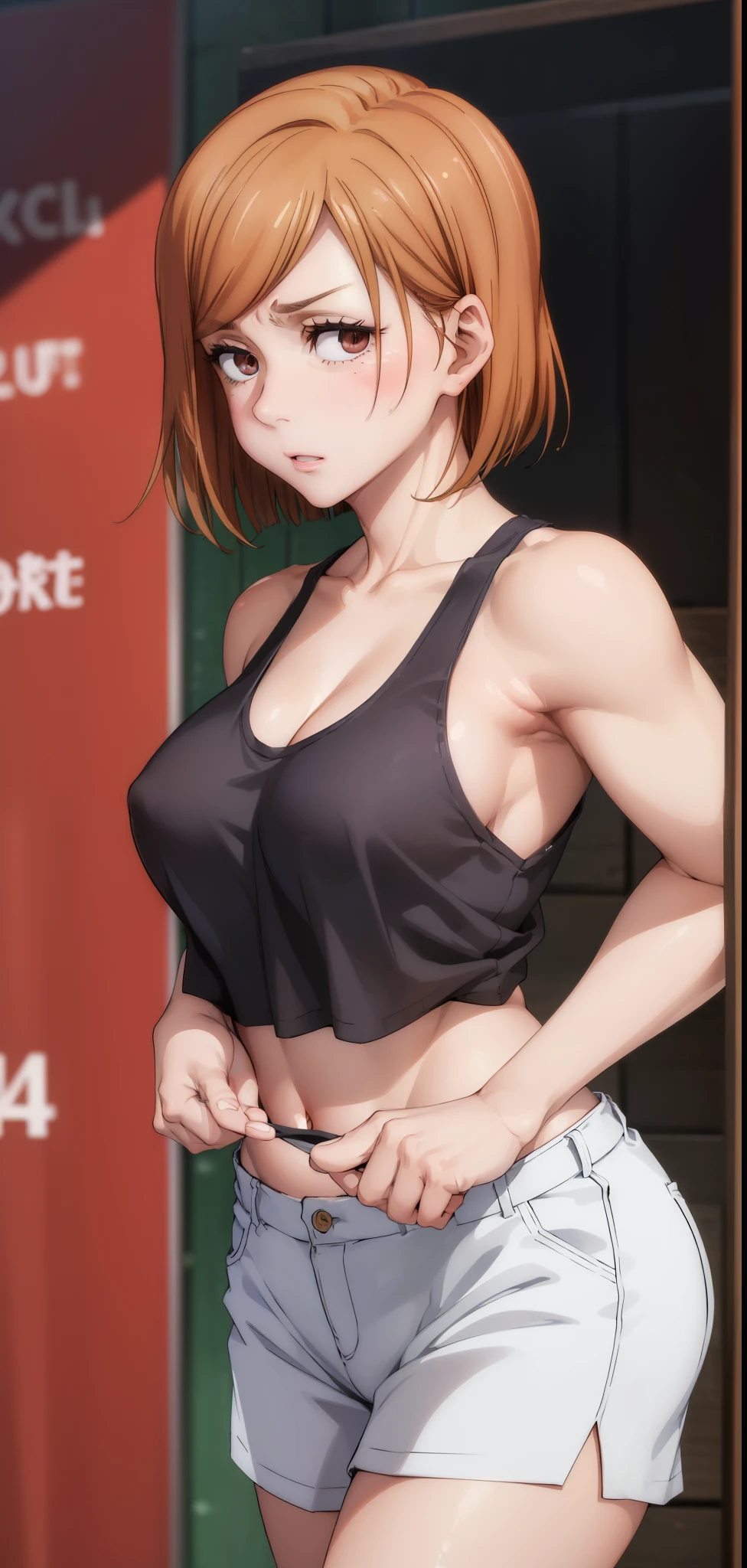 ((The best quality)), ((Masterpiece)), (detailed), Perfect face, ((4k)), medium breasts, Nobara Kugisaki, cropped tank top, blush