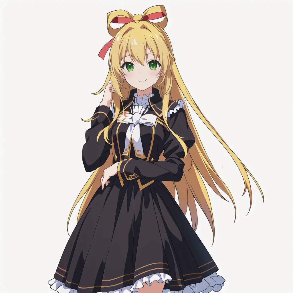Highest quality, high resolution, High quality anime art style, Official Art, Smooth anime CG art, Stylized anime, Cute 3D anime girl render, Visual Novel Sprites, White background, whole body, Anime-style 3D, Smooth anime CG art, Humanoid Girl, JRPG Characters, Anime girl with long hair and black dress with ribbon, smile, Green Eyes, Golden Hair, Long Hair, Lori, Small Bust, Small breasts, 15 years old